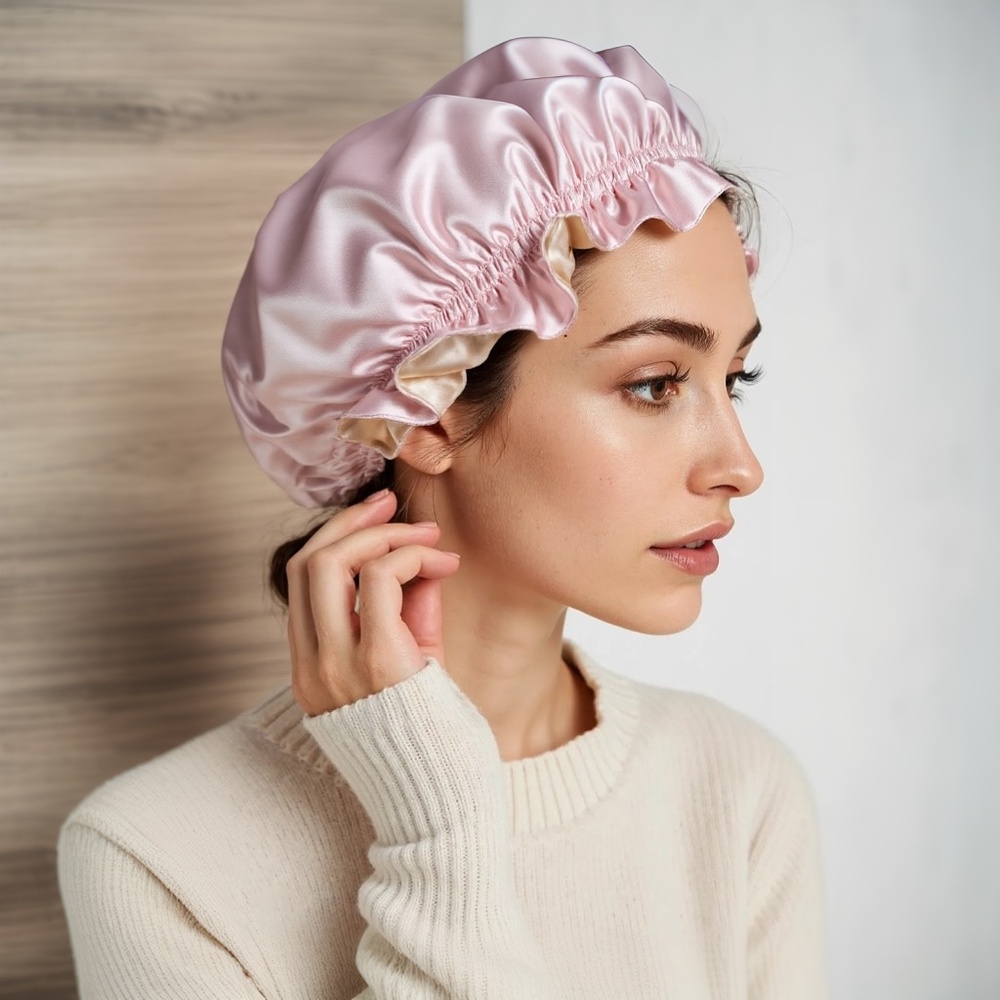 Double Layer Pink Satin Sleep Cap 1